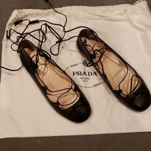 Prada Leather Lace Up Tie Up Ballet Flats